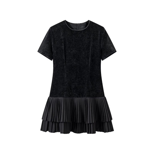 Damen Samt-Midikleid mit kurzen Ärmeln und gestuftem Plisseerock Echoarchiv