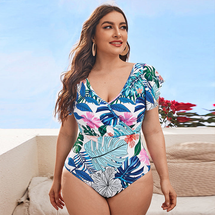 Damen Eleganter Badeanzug mit floralen Rüschendetails Echo Archiv
