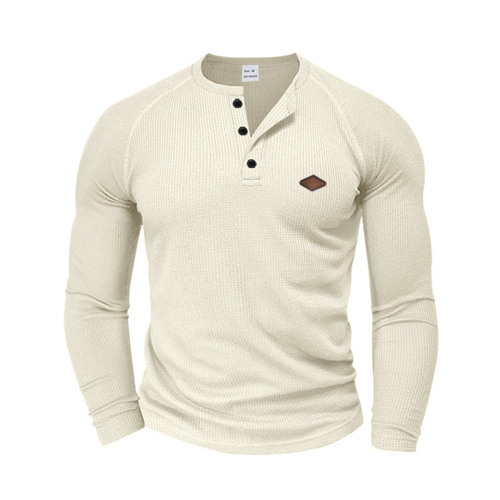 Herren langärmliges Henley-T-Shirt mit strukturiertem Gewebe und modischem Knopfdesign Echoarchiv