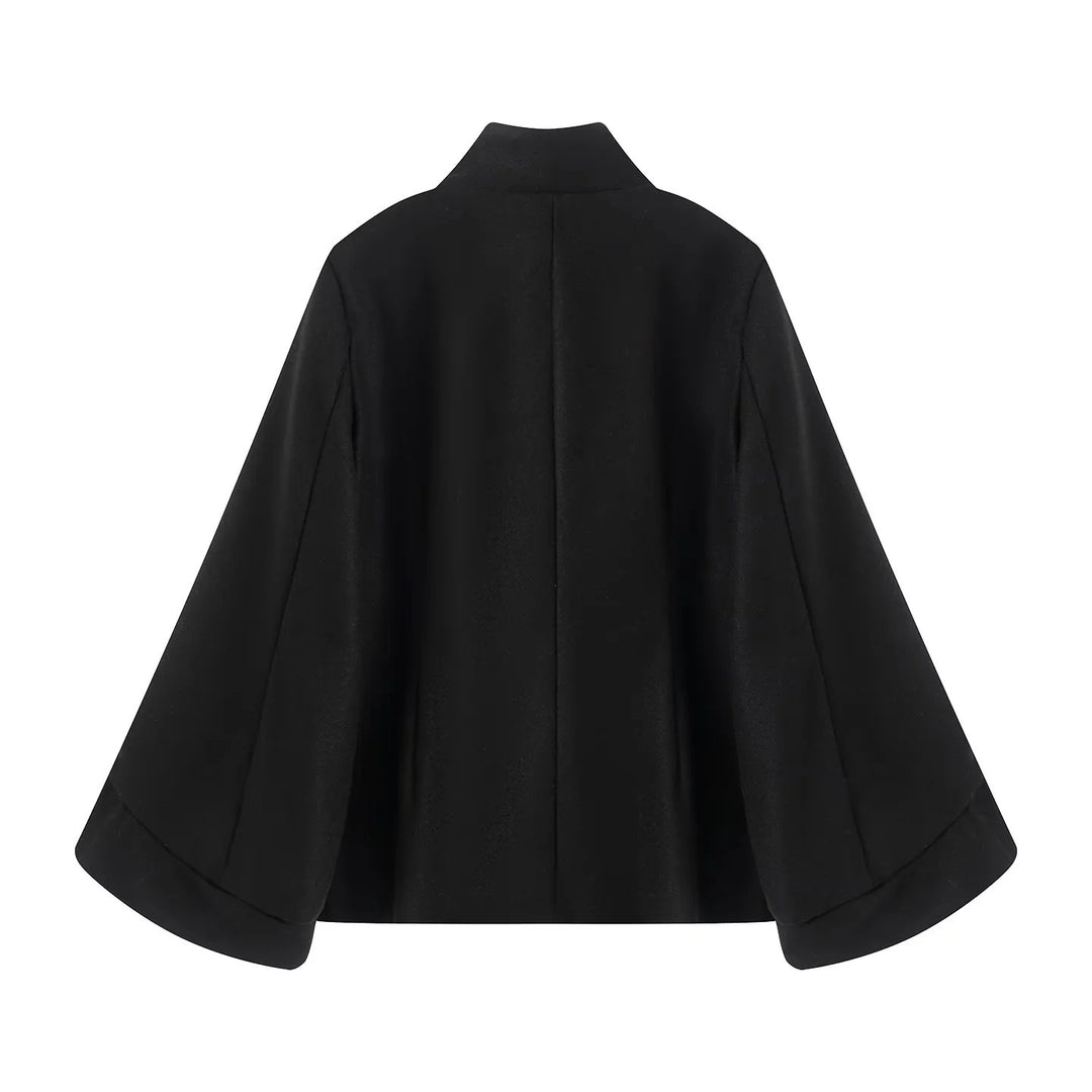 Damen kastiger zweireihiger Cape-Mantel mit weiten Glockenärmeln und Stehkragen – Montévia