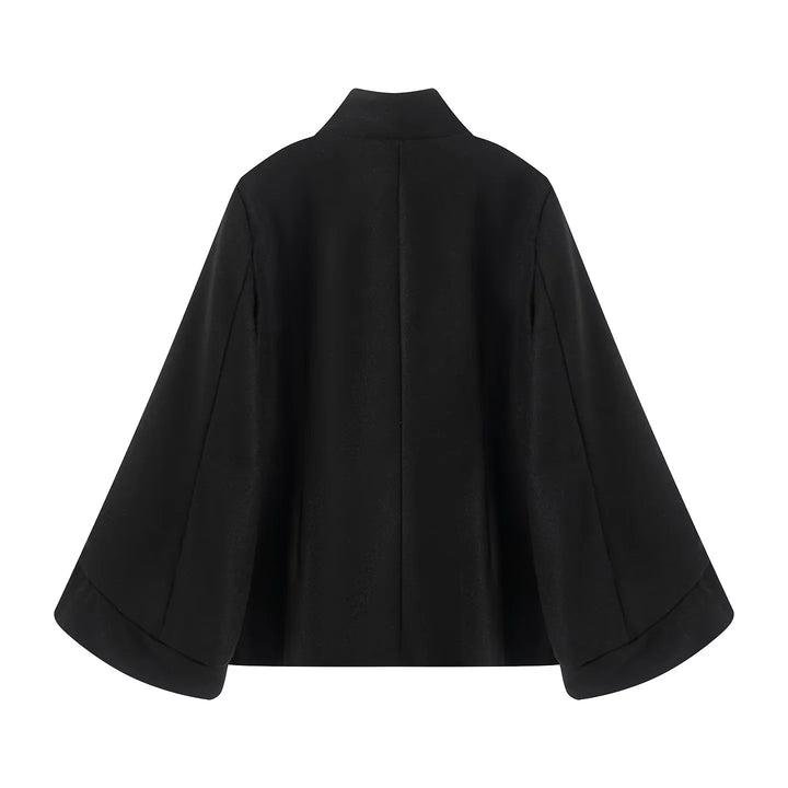 Damen kastiger zweireihiger Cape-Mantel mit weiten Glockenärmeln und Stehkragen – Montévia