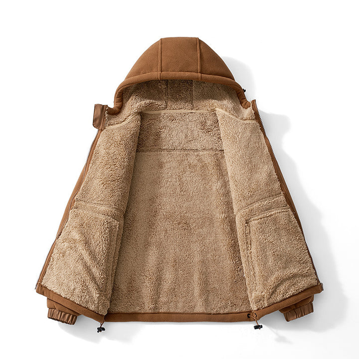 Herren Kapuzen-Fleecejacke mit Teddy-Innenfutter, durchgehendem Reißverschluss und winddichten Bündchen Echoarchiv