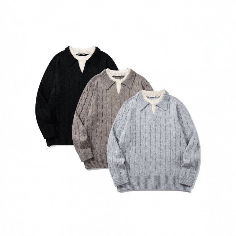 Herren Grobgestrickter Zopfmuster-Pullover mit Polokragen und V‑Ausschnitt Echo Archiv