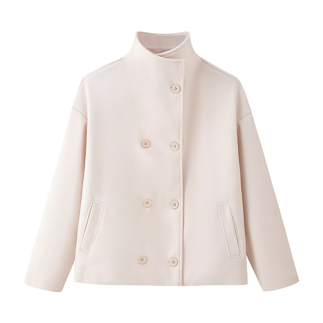 Damen Boxy Wolljacke im Cocoon‑Schnitt mit Stehkragen und doppeltreiher Knopfleiste Echo Archiv