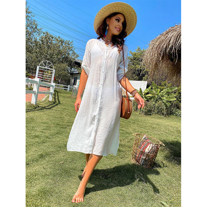 Damen lässiges Sommerkleid mit durchgehender Knopfleiste und seitlichen Taschen Echo Archiv