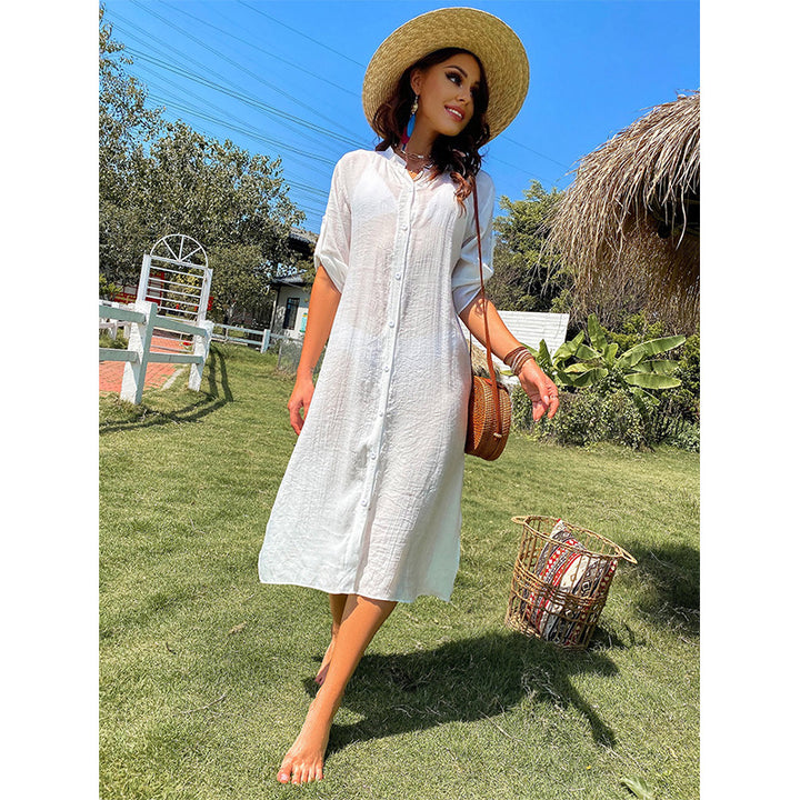 Damen lässiges Sommerkleid mit durchgehender Knopfleiste und seitlichen Taschen Echo Archiv