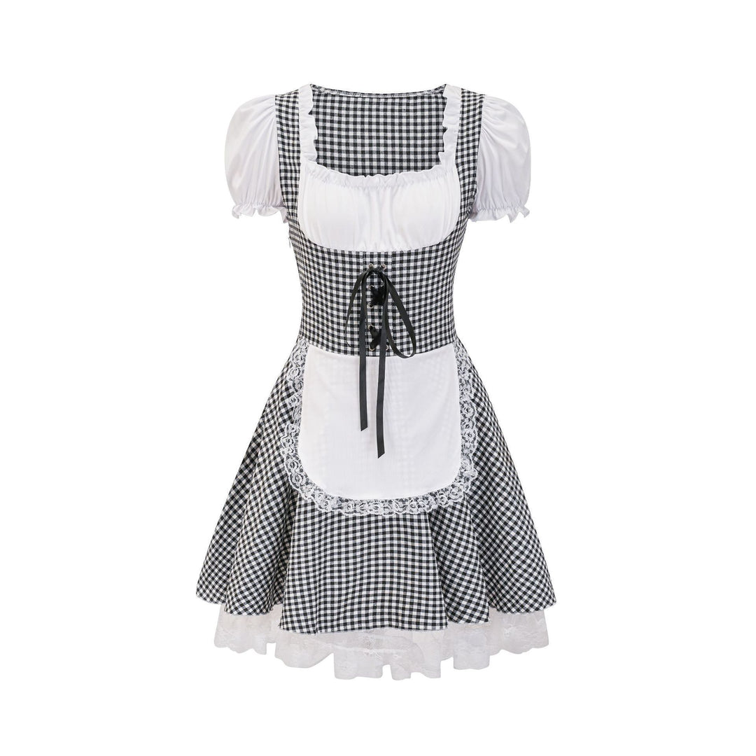 Damen nan kurztailliertes Trachtenkleid mit Karo-Corsage, geraffter Brust und Spitzen-Schürze Echo Archiv