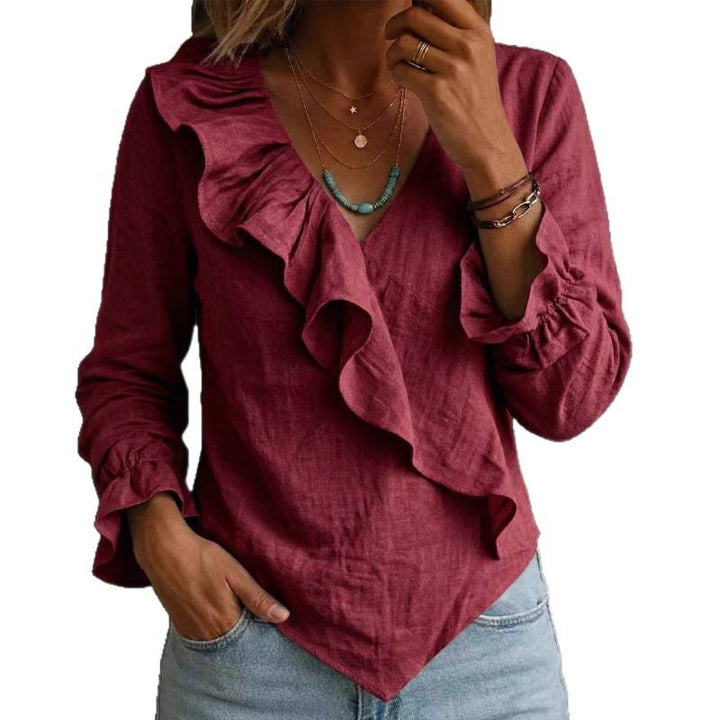 Damen Volant‑Bluse im Leinenlook mit Wickeloptik und asymmetrischem Zipfelsaum Echoarchiv