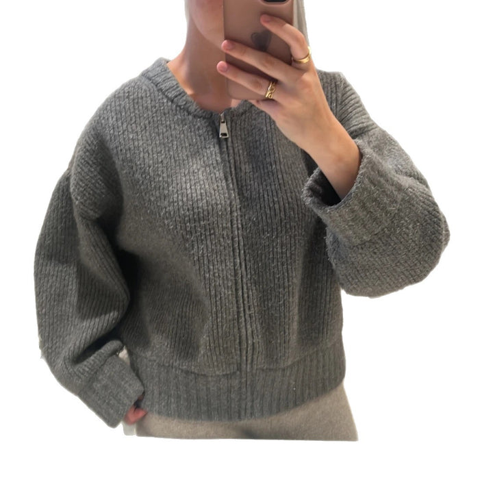 Damen Oversize gerippter Kurzpullover mit Halbzip und überschnittener Schulter – Avérine