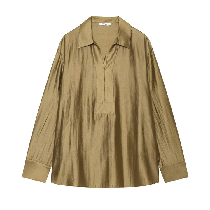 Damen Oversize Tunika Bluse aus schimmernder Crêpe‑Optik mit Hemdkragen und V‑Ausschnitt Echo Archiv