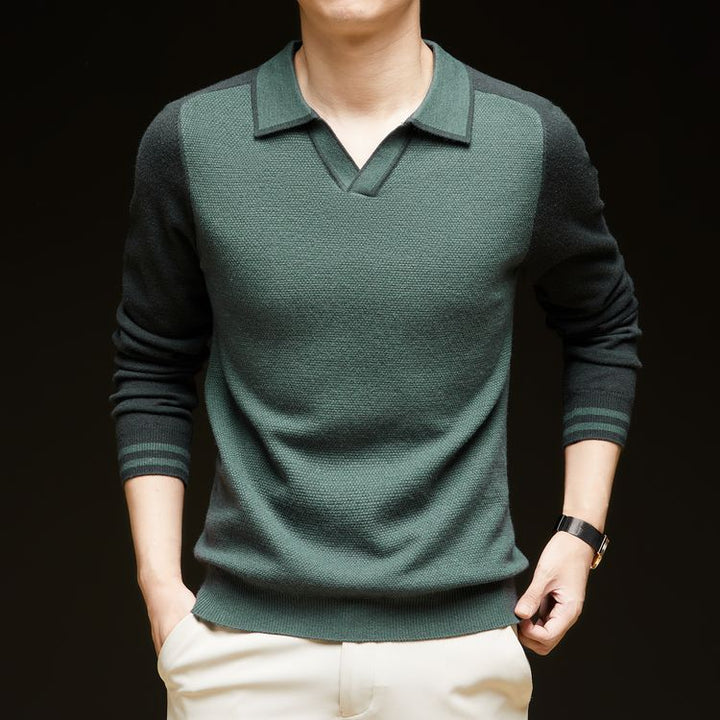 Herren Feinstrickpullover mit V-Ausschnitt und modischem Kontrastdesign Echoarchiv