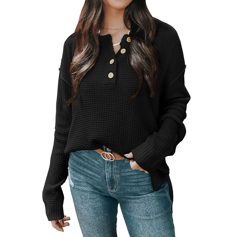 Damen nan lockerer Waffelstruktur Henley Pullover mit Knopfleiste und überschnittener Schulter Echo Archiv