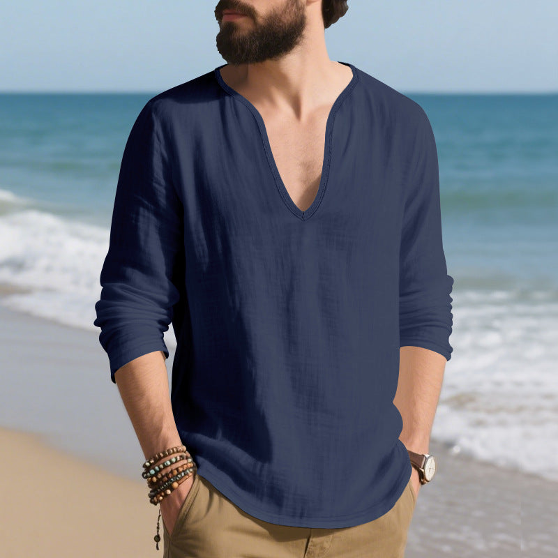 Herren lässiges Langarmshirt mit V-Ausschnitt aus atmungsaktiver Baumwolle Echoarchiv
