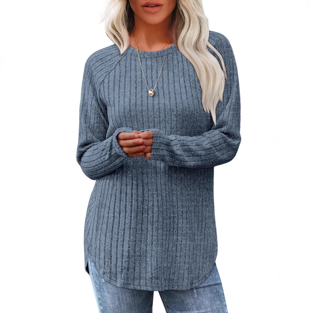 Damen gerippter Strickpullover mit Rundhalsausschnitt Oversize-Passform und Seitenschlitzen Echo Archiv
