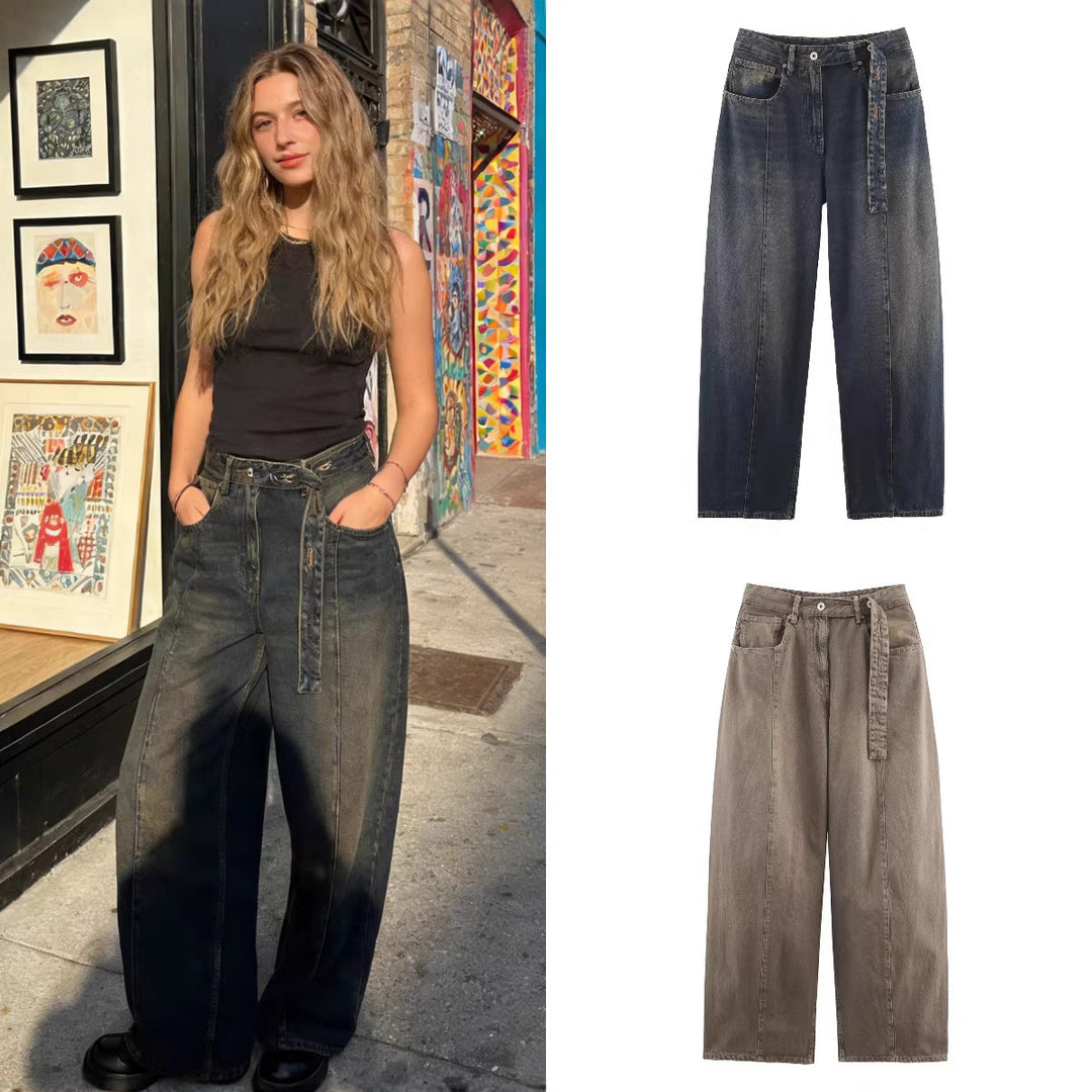 Damen Weite hochtaillierte Culotte-Hose mit Ziernaht, aufgesetzten Taschen und Bindegürtel Echo Archiv