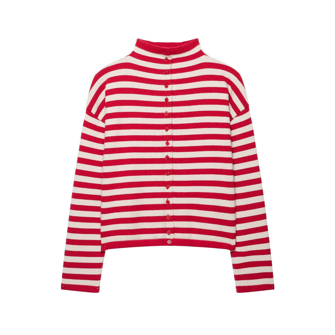 Damen Gestreifter Cropped-Strickcardigan mit Knopfleiste und Stehkragen Echoarchiv