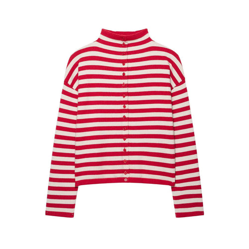 Damen Gestreifter Cropped-Strickcardigan mit Knopfleiste und Stehkragen Echoarchiv