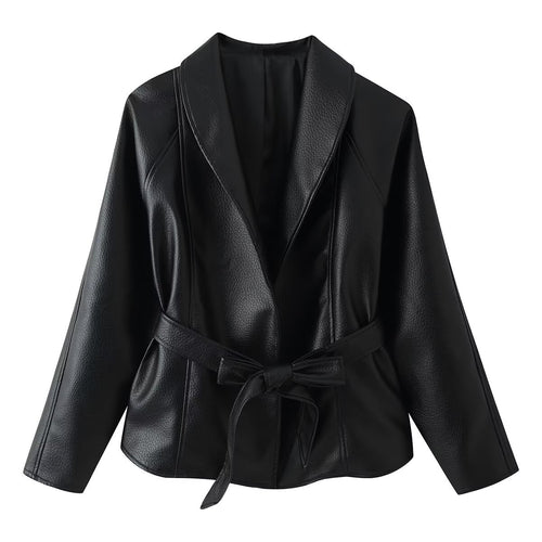 Damen Taillierte Kunstleder-Jacke mit Schalkragen und Bindegürtel Echo Archiv