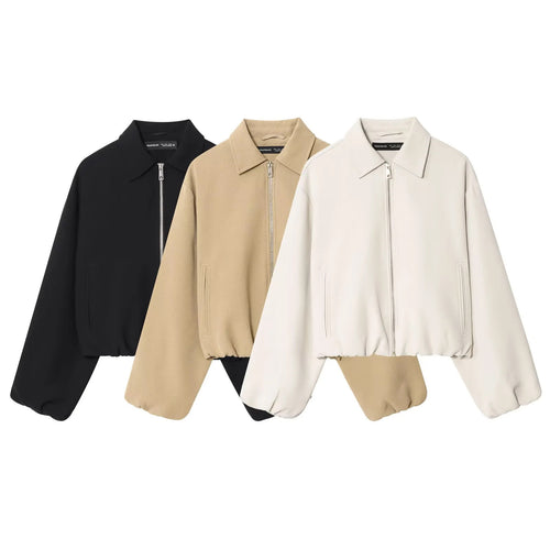 Damen cropped Blousonjacke mit Hemdkragen, verdecktem Metallreißverschluss und elastischem Saum – Célinea