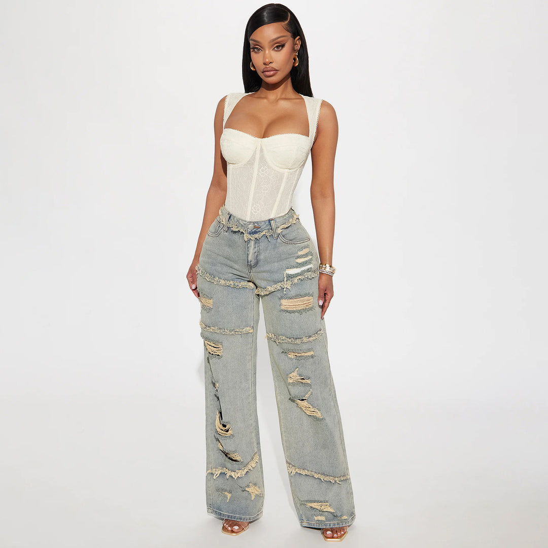 Damen Hochtaillierte Oversize-Jeans mit weitem Bein und ausgefransten Rissen Echo Archiv