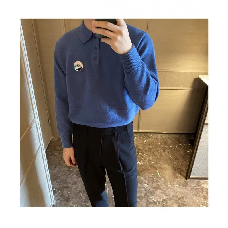 Herren Polokragen-Feinstrickpullover mit Emblem und gerippten Bündchen Echoarchiv