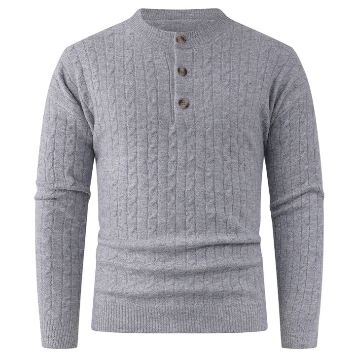 Herren Grobstrickpullover mit modernem Schalkragen und Knopfdetails Echoarchiv