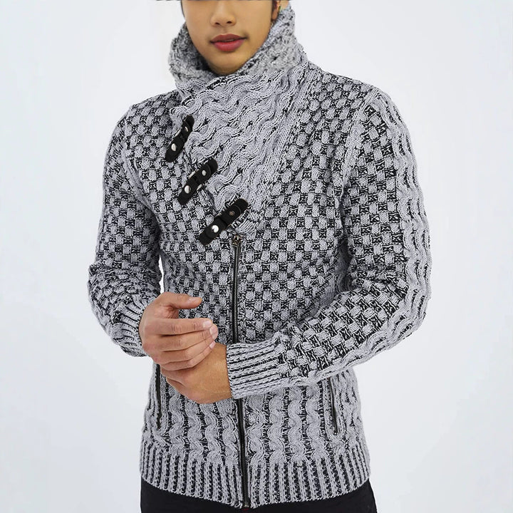 Herren Grobstrick-Cardigan mit asymmetrischem Wickelkragen und Reißverschluss Echo Archiv