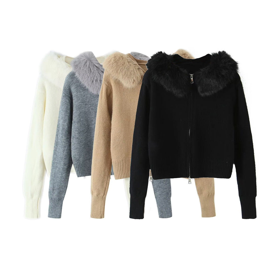 Damen Kurzgeschnittene Strickjacke mit Reißverschluss und abnehmbarem Kunstfellkragen Echoarchiv