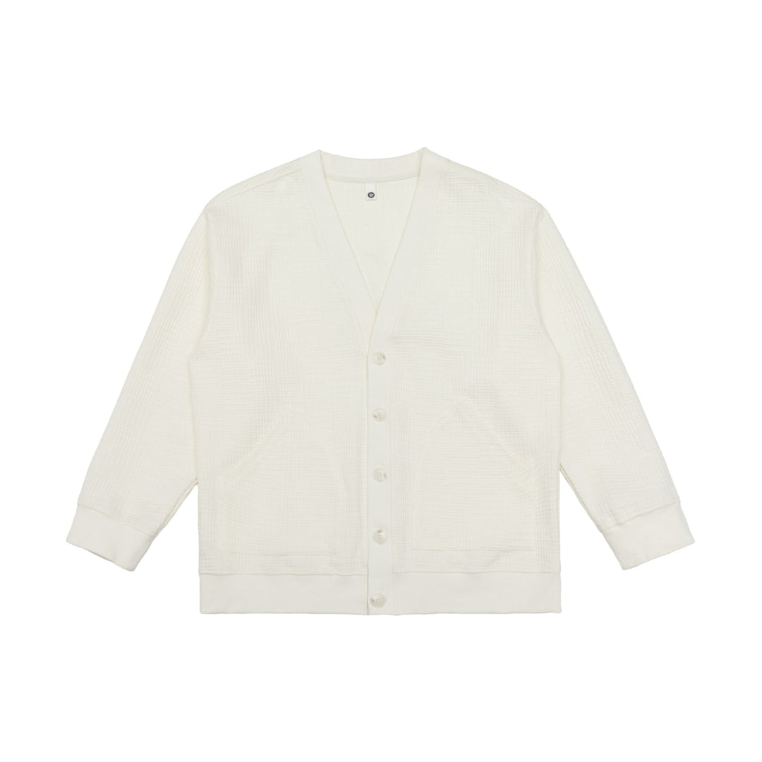 Unisex Waffelstruktur-Cardigan mit V-Ausschnitt, Knopfleiste und aufgesetzten Eingrifftaschen Echoarchiv