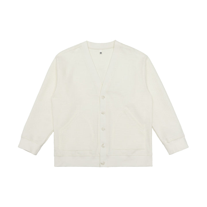 Unisex Waffelstruktur-Cardigan mit V-Ausschnitt, Knopfleiste und aufgesetzten Eingrifftaschen Echoarchiv