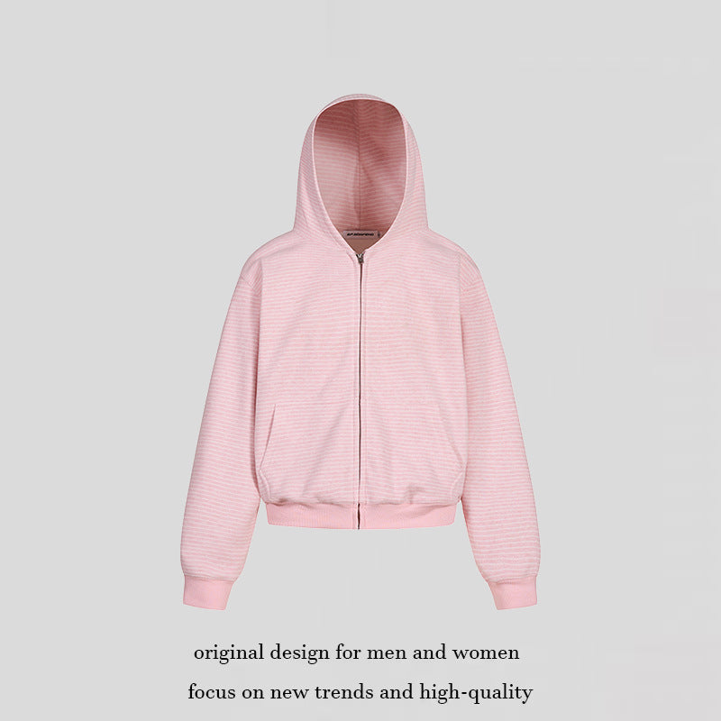 Damen Kurz geschnittene Kapuzen-Sweatjacke mit kurzem Bund, Streifenstruktur und Reißverschluss Echoarchiv