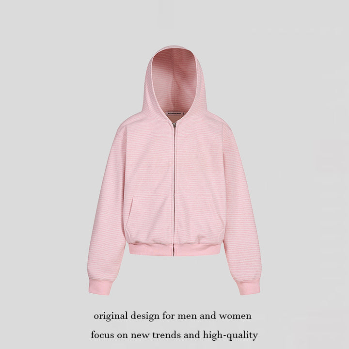Damen Kurz geschnittene Kapuzen-Sweatjacke mit kurzem Bund, Streifenstruktur und Reißverschluss Echoarchiv