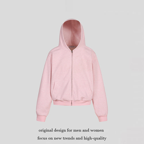 Damen Kurz geschnittene Kapuzen-Sweatjacke mit kurzem Bund, Streifenstruktur und Reißverschluss Echoarchiv
