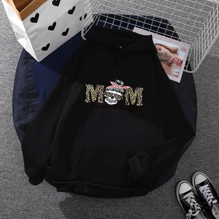 Damen Kapuzenpullover mit "Momlife" Skull-Print, Kängurutasche, weichem Fleece-Innenfutter und lockerer Oversize-Passform – Auréline