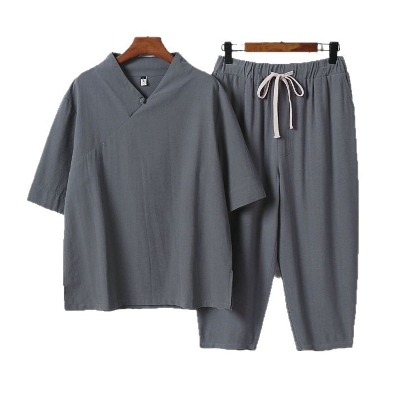 Herren Atmungsaktives Leinen-Baumwoll Lounge-Set mit asymmetrischem V-Kragen und elastischer Kordelhose Echoarchiv
