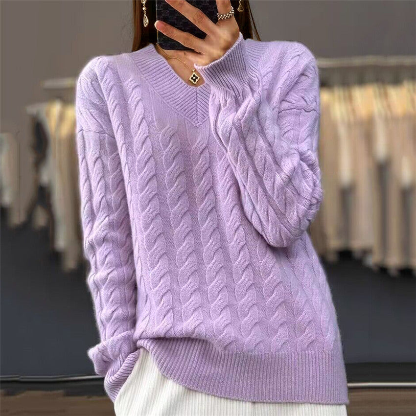 Damen nan weich fallender Zopfmuster-Pullover mit V-Ausschnitt, Oversize-Schnitt und geripptem Saum Echo Archiv