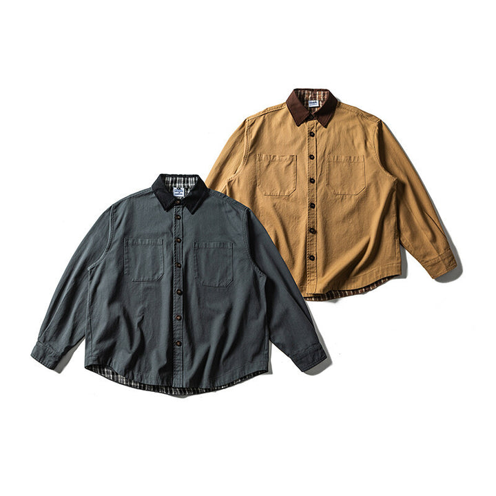 Unisex Oversize Hemdjacke mit Kontrastkragen und kariertem Innenfutter Echoarchiv