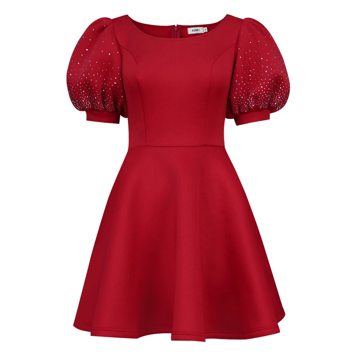 Damen A-Linien Kleid mit glamourösen Puffärmeln und Perlenapplikationen Echo Archiv