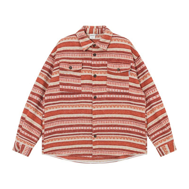 Unisex Oversize-Strickshirtjacke im Ethno‑Streifenmuster mit Pattentaschen Echoarchiv