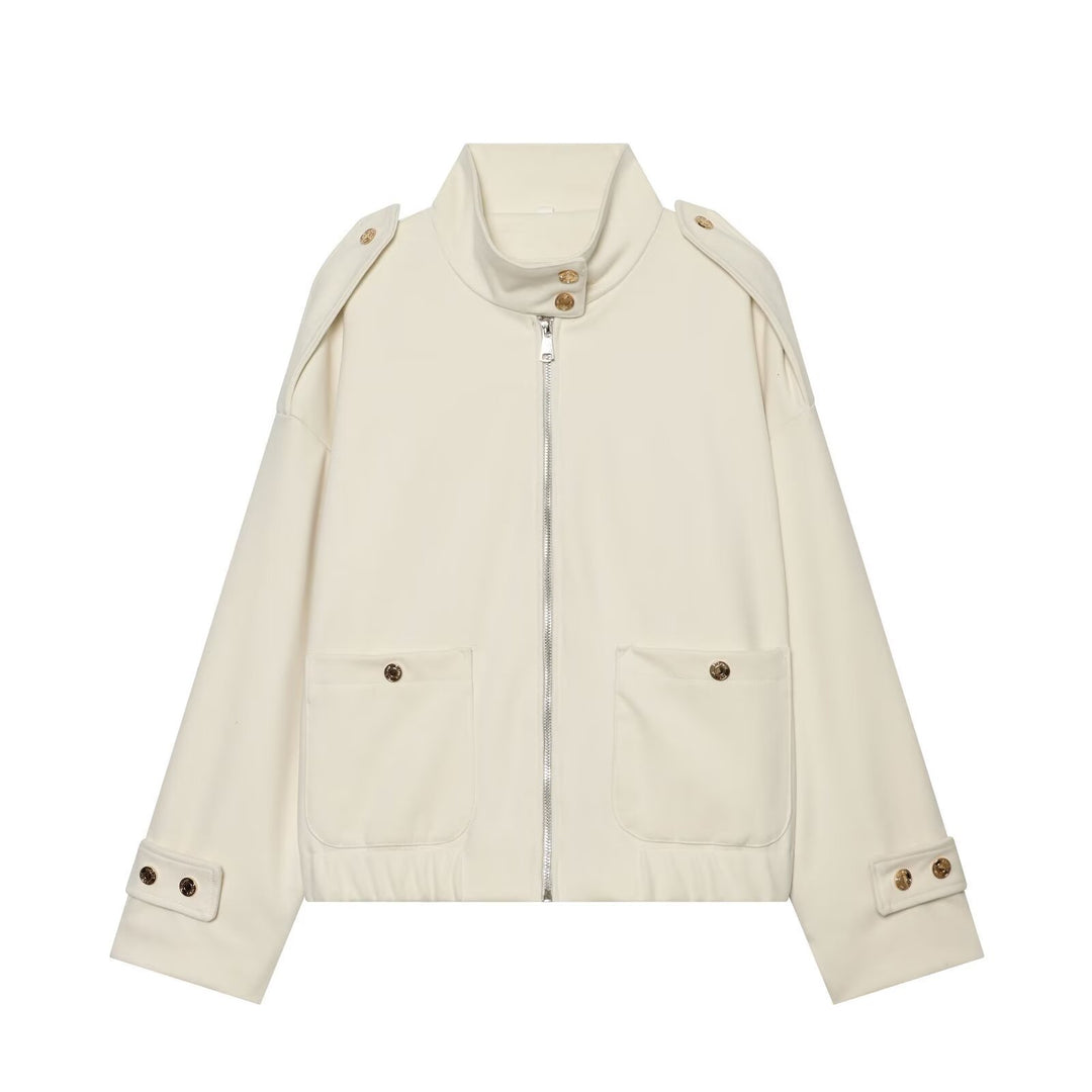 Damen Cropped Utility-Jacke mit hochgeschlossenem Kragen, Schulterklappen und aufgesetzten Pattentaschen Echoarchiv