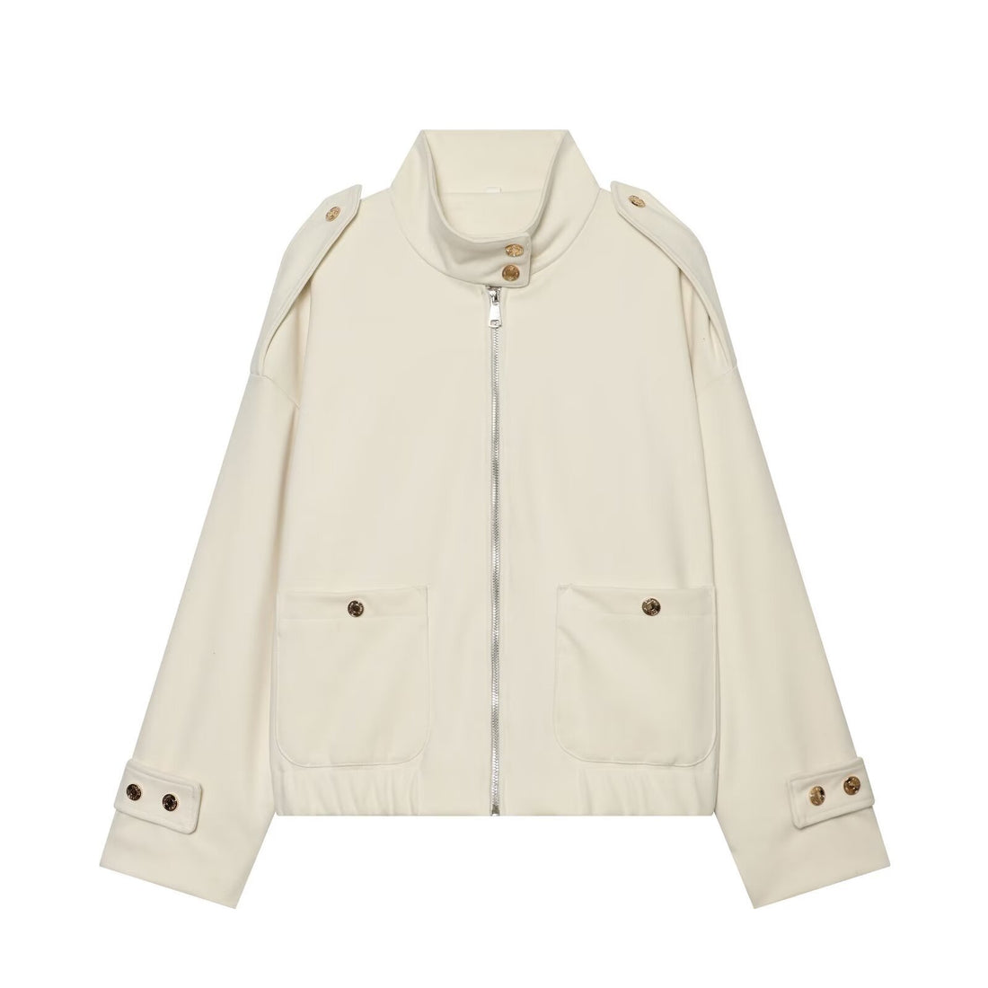 Damen Cropped Utility-Jacke mit hochgeschlossenem Kragen, Schulterklappen und aufgesetzten Pattentaschen Echoarchiv
