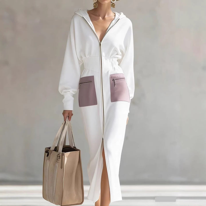 Damen Kapuzen-Midikleid im Sport-Chic mit Taillen‑Corsage und Fronttaschen – Élara