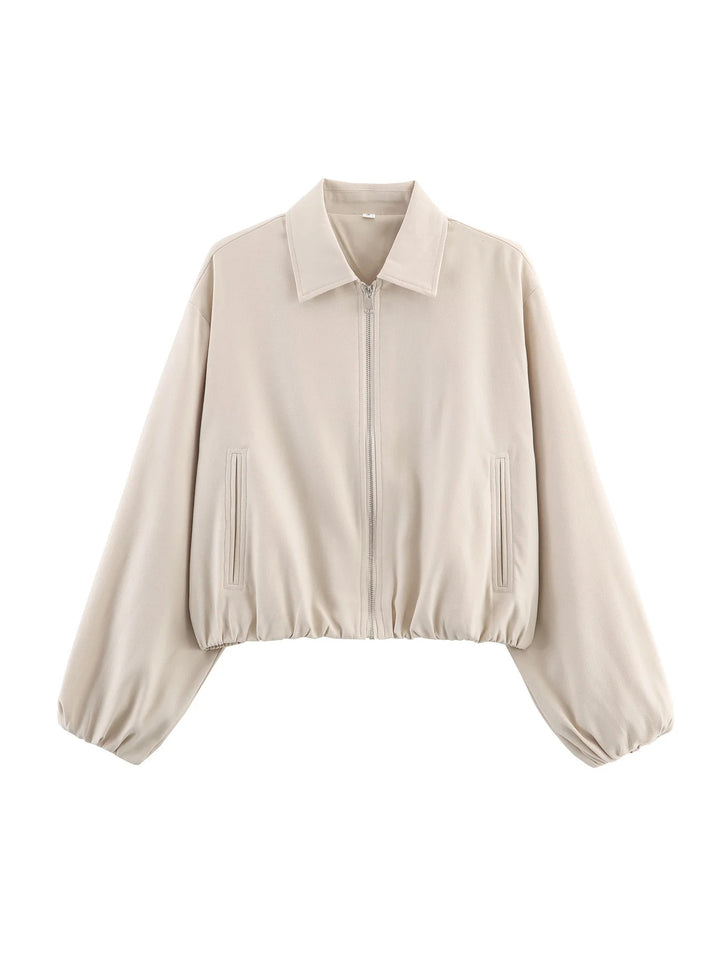 Damen nan Cropped Bomberjacke mit durchgehendem Reißverschluss, weitem Ballonärmeln und elastischem Saum Echo Archiv
