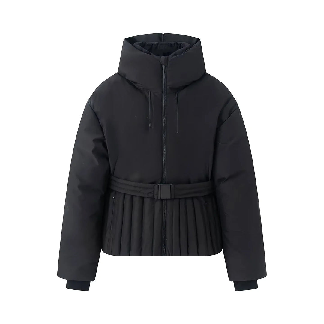 Damen gesteppte Taillen-Steppjacke mit hohem Kragen, Taillengürtel und Plissee-Saum – Célinea