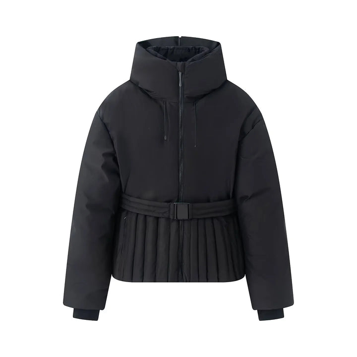 Damen gesteppte Taillen-Steppjacke mit hohem Kragen, Taillengürtel und Plissee-Saum – Célinea