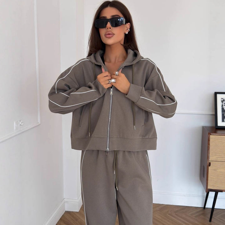 Damen Lässiges zweiteiliges Lounge-Set mit oversized Zipjacke und weitem Kordelzug-Hosenbund – Élanora