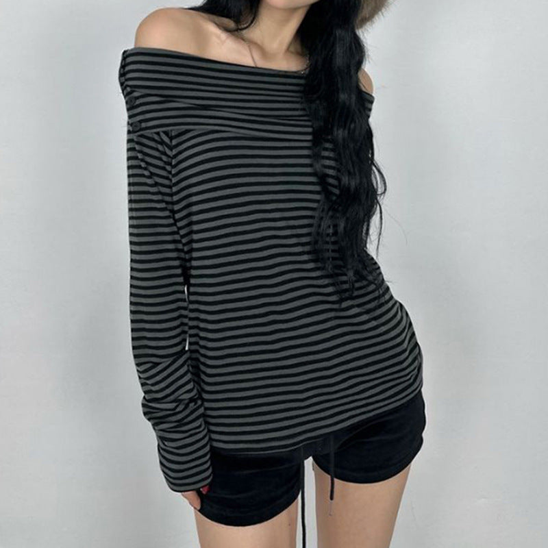 Damen nan schulterfreies Langarmshirt mit Carmen-Ausschnitt, taillierter Passform und feinem Streifenmuster Echo Archiv