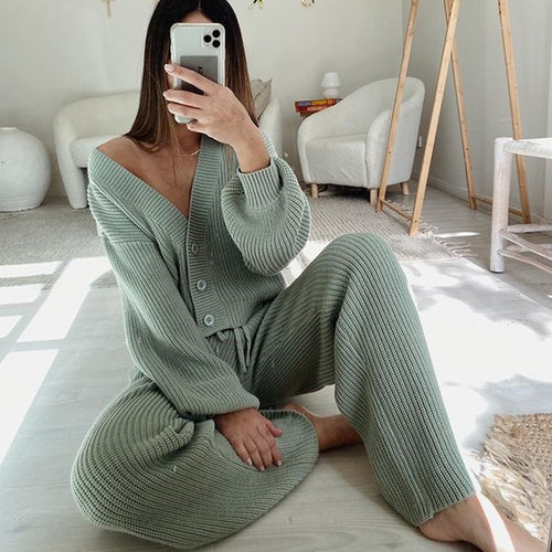 Damen geripptes Strick-Zweiteiler Set mit Cropped-Cardigan, Kordelzug-Hochbundhose und Komfortpassform – Élanora