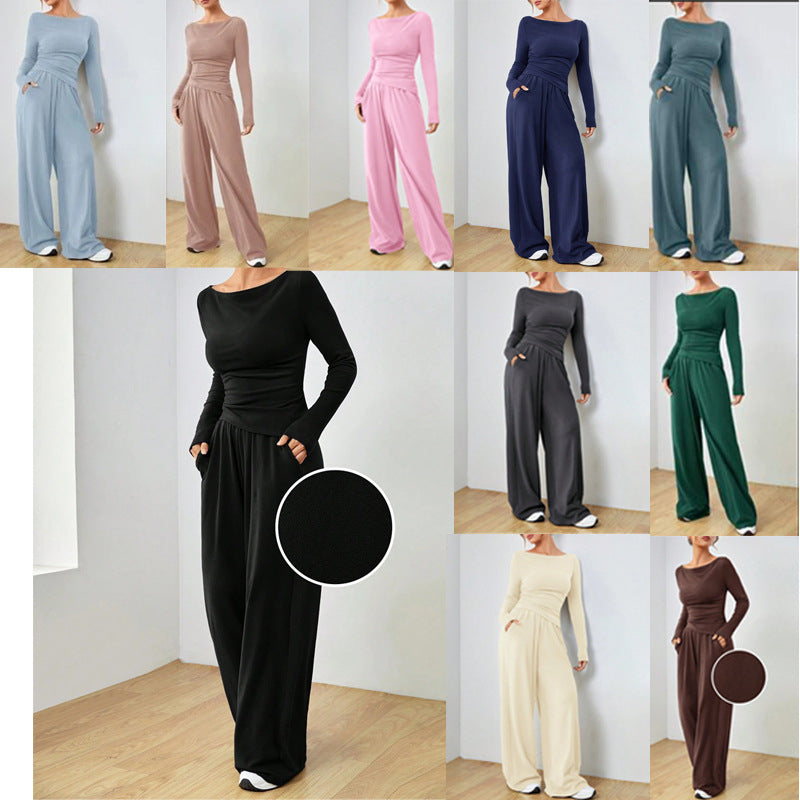 Damen Loungewear-Set aus weichfallendem Jersey mit U-Boot-Ausschnitt, tailliertem Longsleeve und weiter Palazzo-Hose Echo Archiv