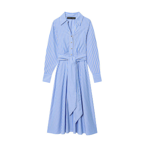 Damen gestreiftes Hemdblusenkleid mit Knotengürtel, taillierter Wickeloptik und breiten Manschetten – Lunéa